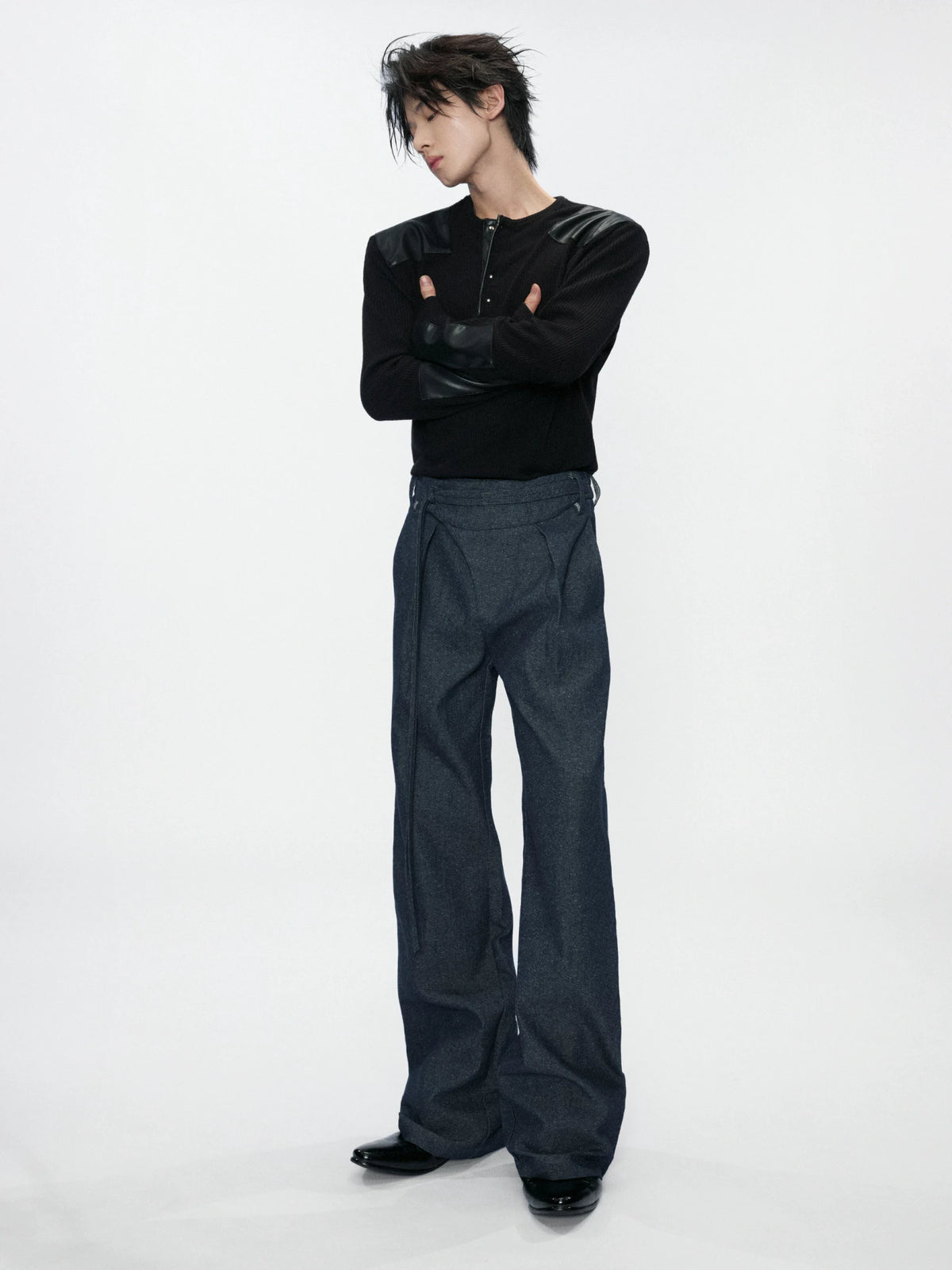 Snowflake Denim Straight-Leg Drawstring Trousers Blue - main image 2