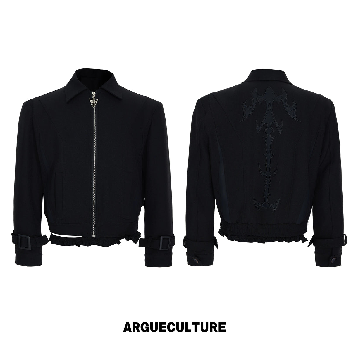 Spine Embroidered Cropped Jacket with Detachable Hem - Black