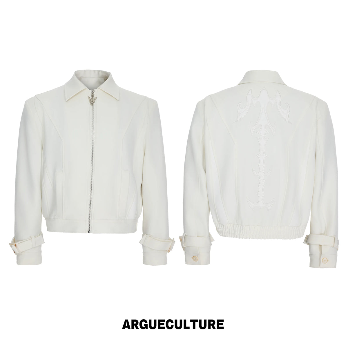 Spine Embroidered Cropped Jacket with Detachable Hem - White