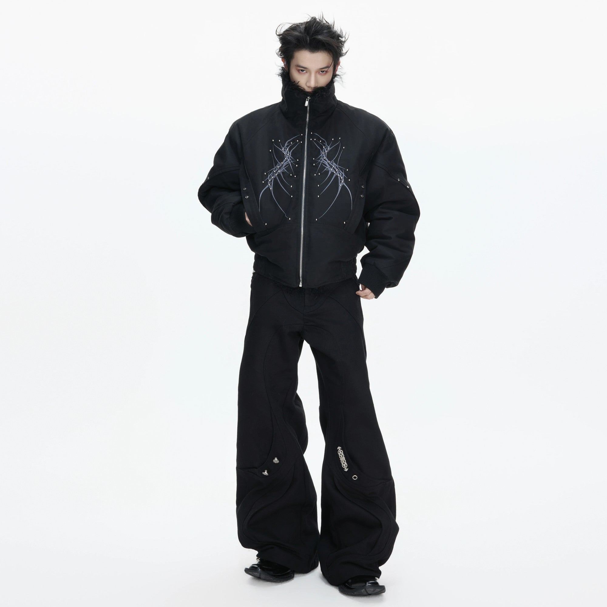 Close up of faux wolf fur collar and premium inner lining