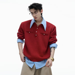 White spliced fake two-piece knit sweater with contrast lapel front view