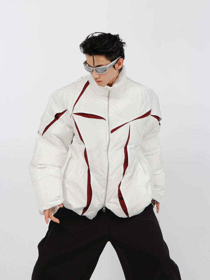 Split Deconstructed Cotton Jacket | Color - Block Short Puffer Coat with Stand Collar - ArguE CulturE