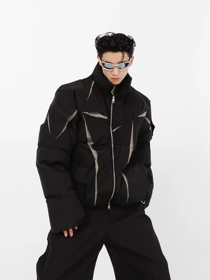 Split Deconstructed Cotton Jacket | Color - Block Short Puffer Coat with Stand Collar - ArguE CulturE