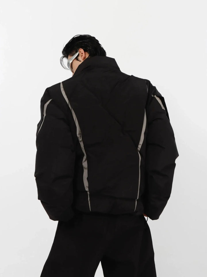 Split Deconstructed Cotton Jacket | Color - Block Short Puffer Coat with Stand Collar - ArguE CulturE