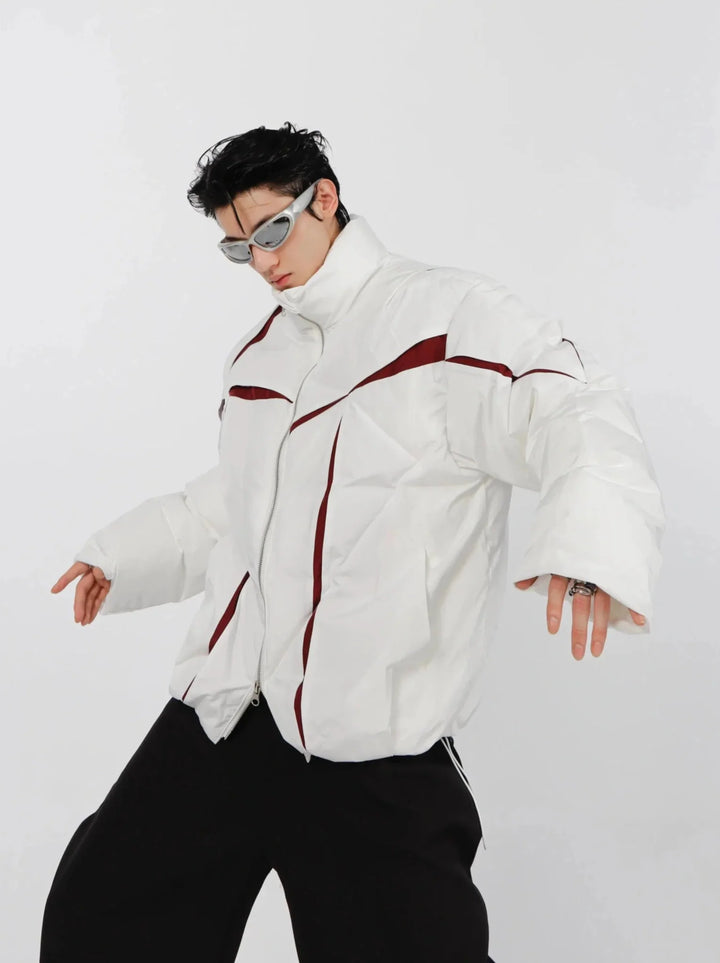 Split Deconstructed Cotton Jacket | Color - Block Short Puffer Coat with Stand Collar - ArguE CulturE