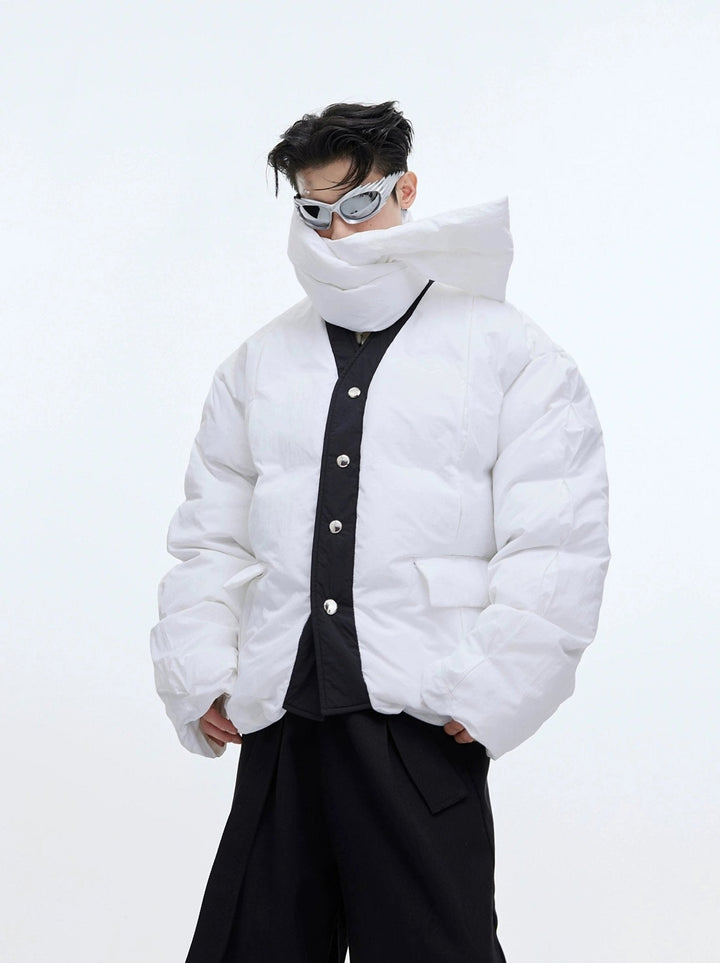 Split Design Nylon Puffer Jacket with Integrated Scarf | Short Jacket for Men - ArguE CulturE