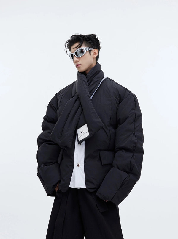 Split Design Nylon Puffer Jacket with Integrated Scarf | Short Jacket for Men - ArguE CulturE