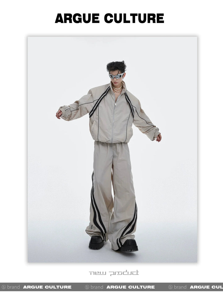 Sporty Racing Stripe Color Block Loose Fit Track Suit with Deconstructed Design - ArguE CulturE