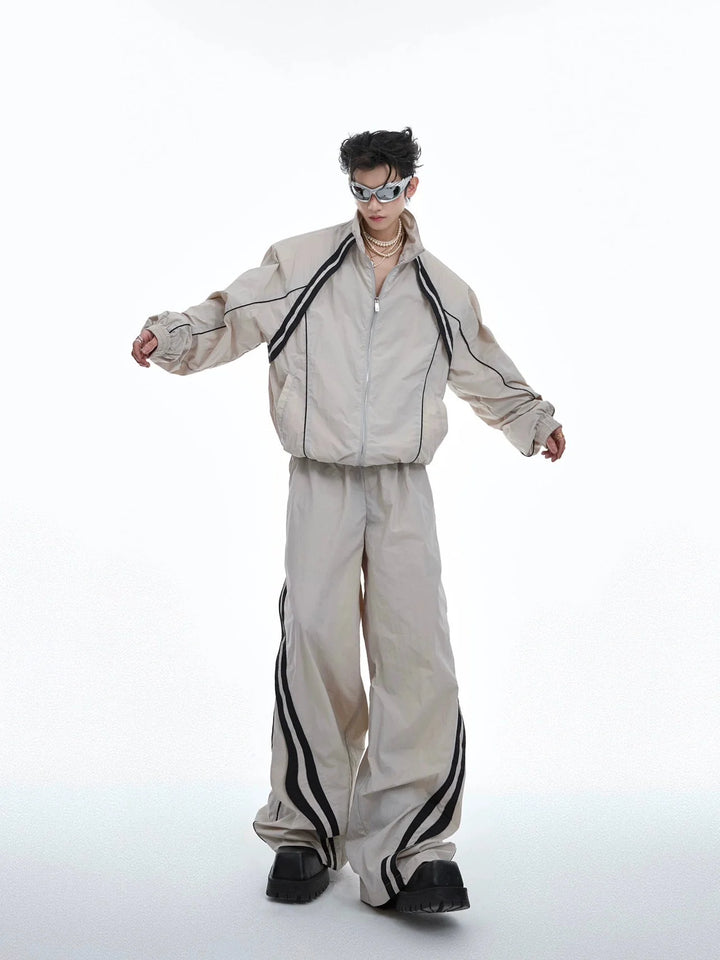 Sporty Racing Stripe Color Block Loose Fit Track Suit with Deconstructed Design - ArguE CulturE