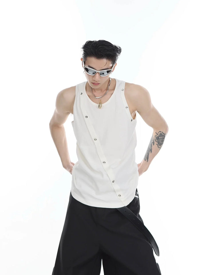 Sporty Slim - Fit Knit Tank Top with Asymmetrical Metal Button & Textured - ArguE CulturE