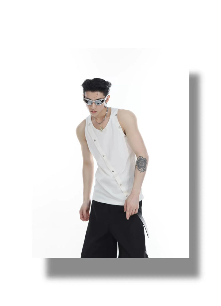 Sporty Slim - Fit Knit Tank Top with Asymmetrical Metal Button & Textured - ArguE CulturE