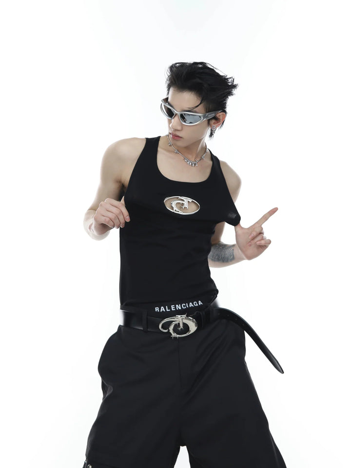 Sporty Slim - Fit Tank Top with Metallic Logo Cut - Out in Black & White - ArguE CulturE