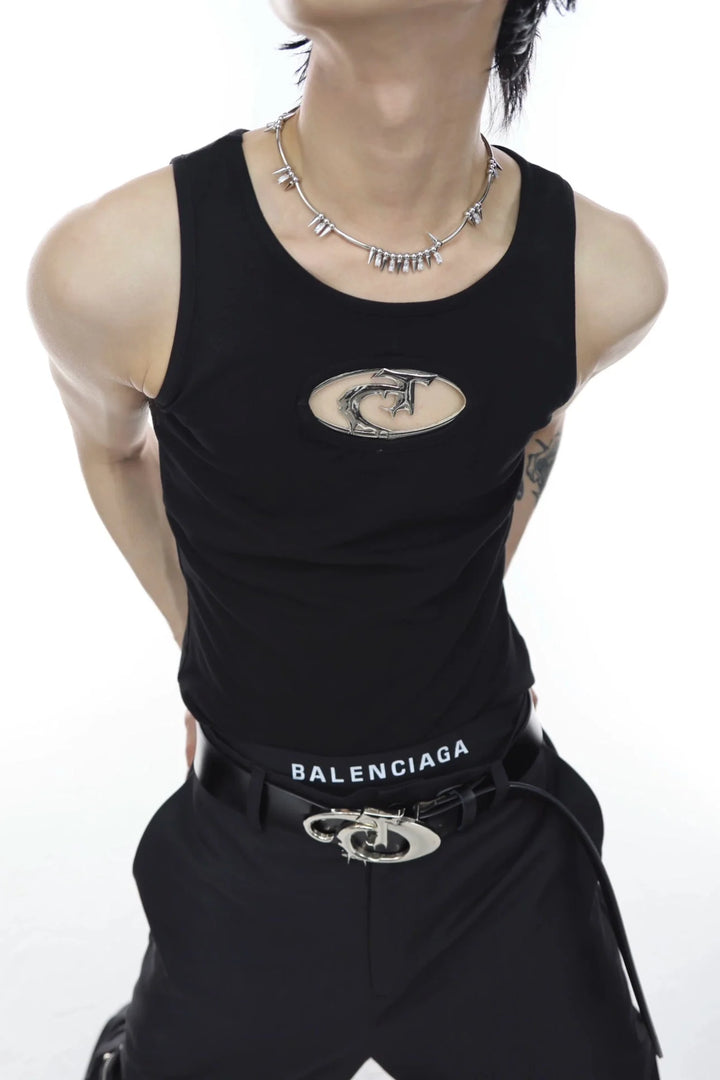 Sporty Slim - Fit Tank Top with Metallic Logo Cut - Out in Black & White - ArguE CulturE