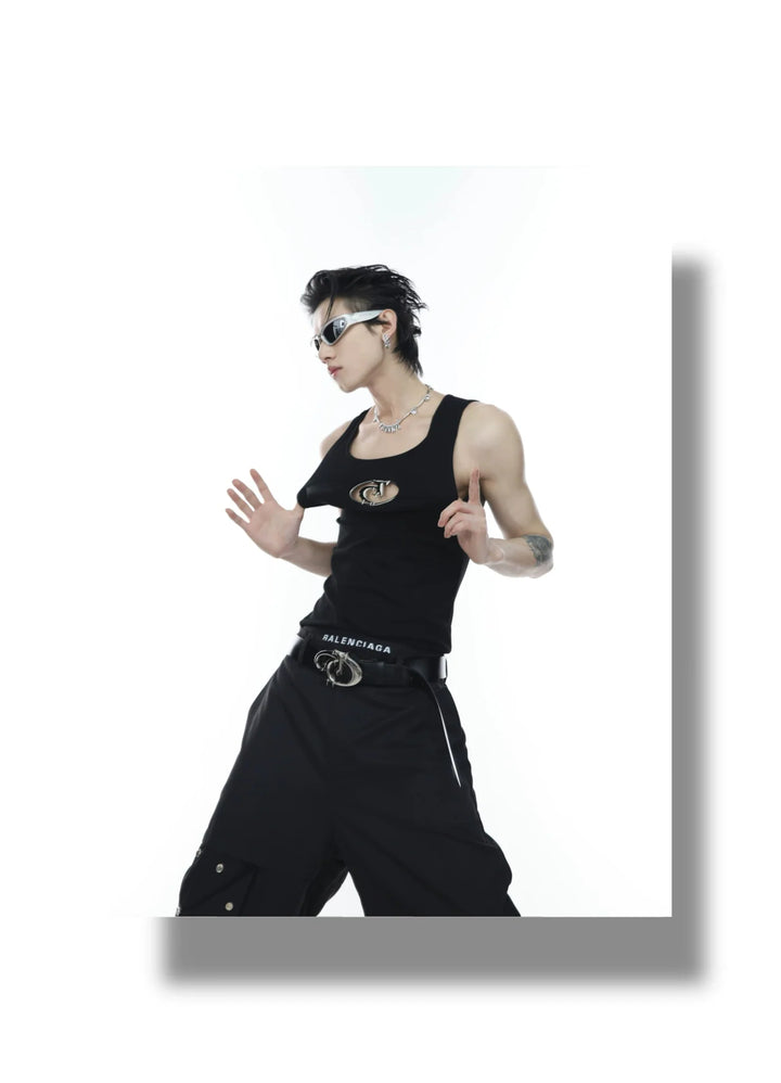 Sporty Slim - Fit Tank Top with Metallic Logo Cut - Out in Black & White - ArguE CulturE