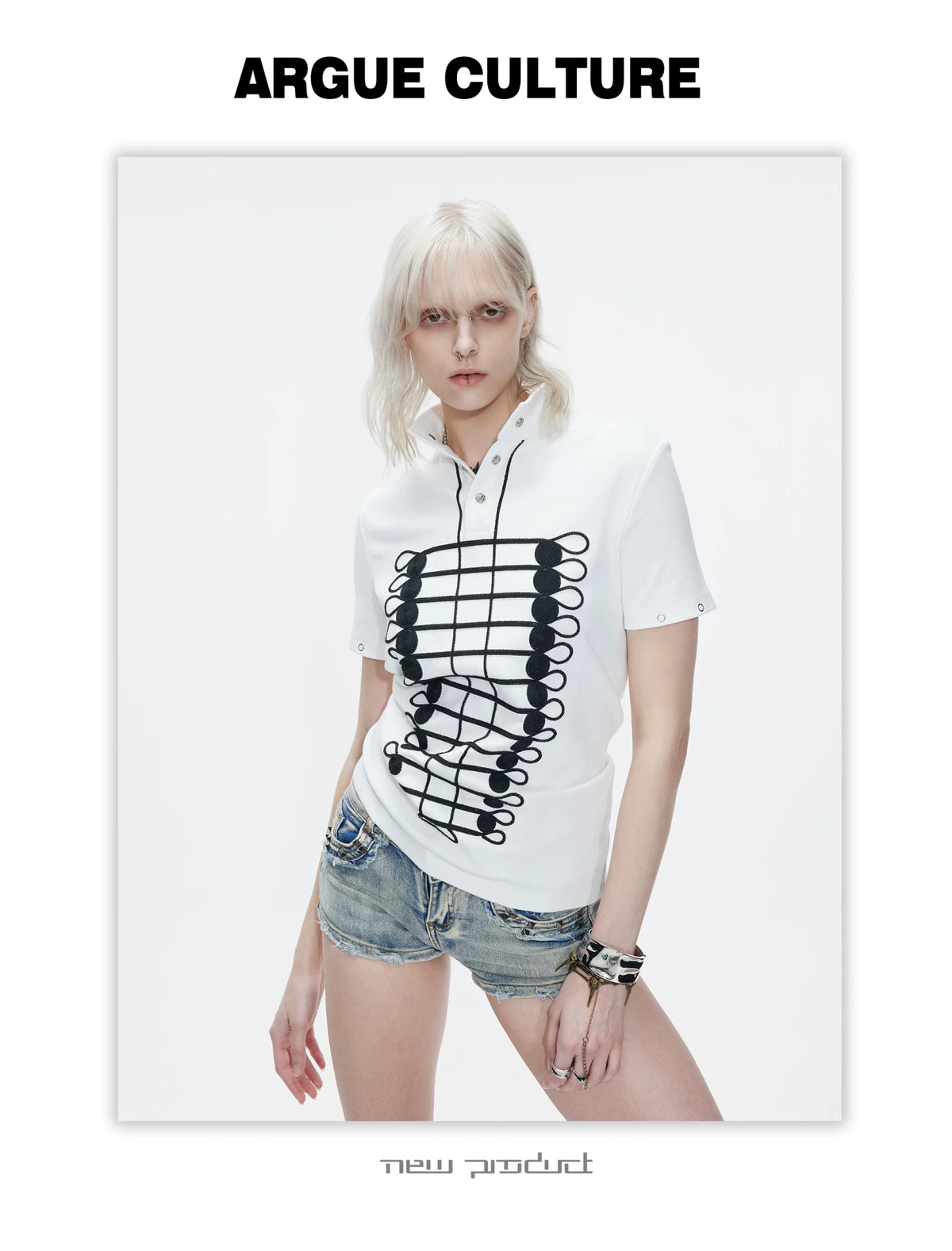 Stand-Collar Embroidered Chain Cotton Polo Tee - detail image 12