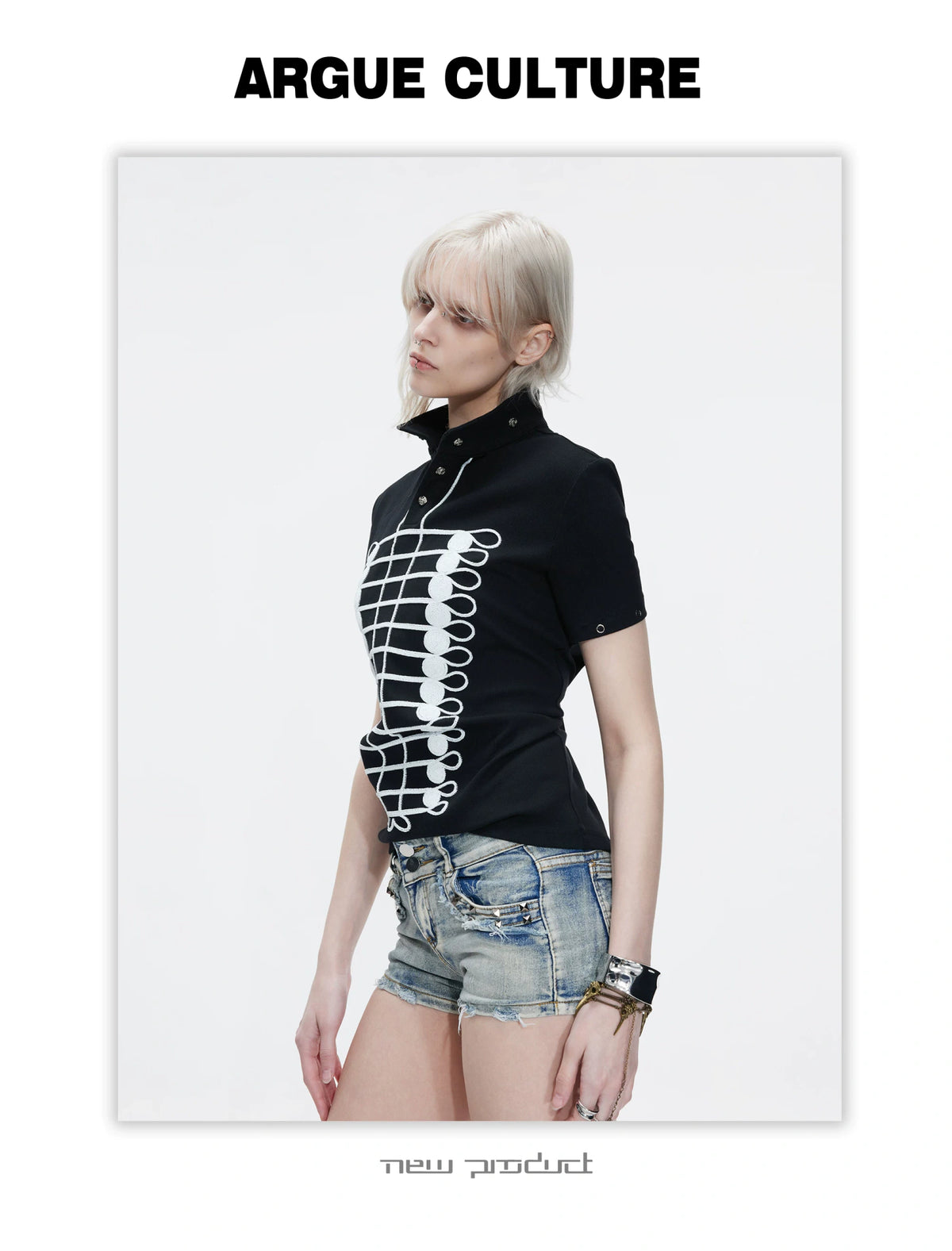Stand-Collar Embroidered Chain Cotton Polo Tee - detail image 4