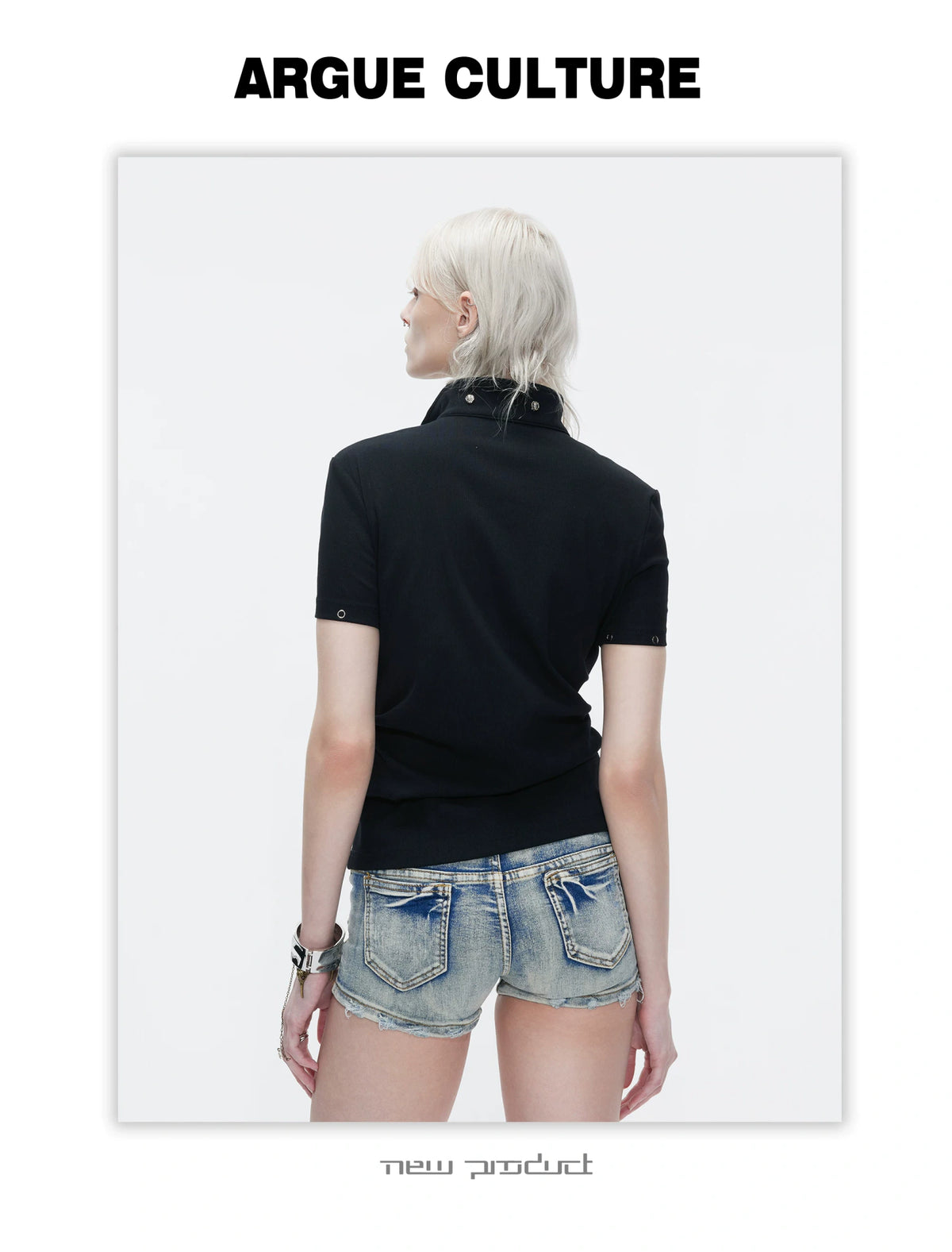 Stand-Collar Embroidered Chain Cotton Polo Tee - detail image 5