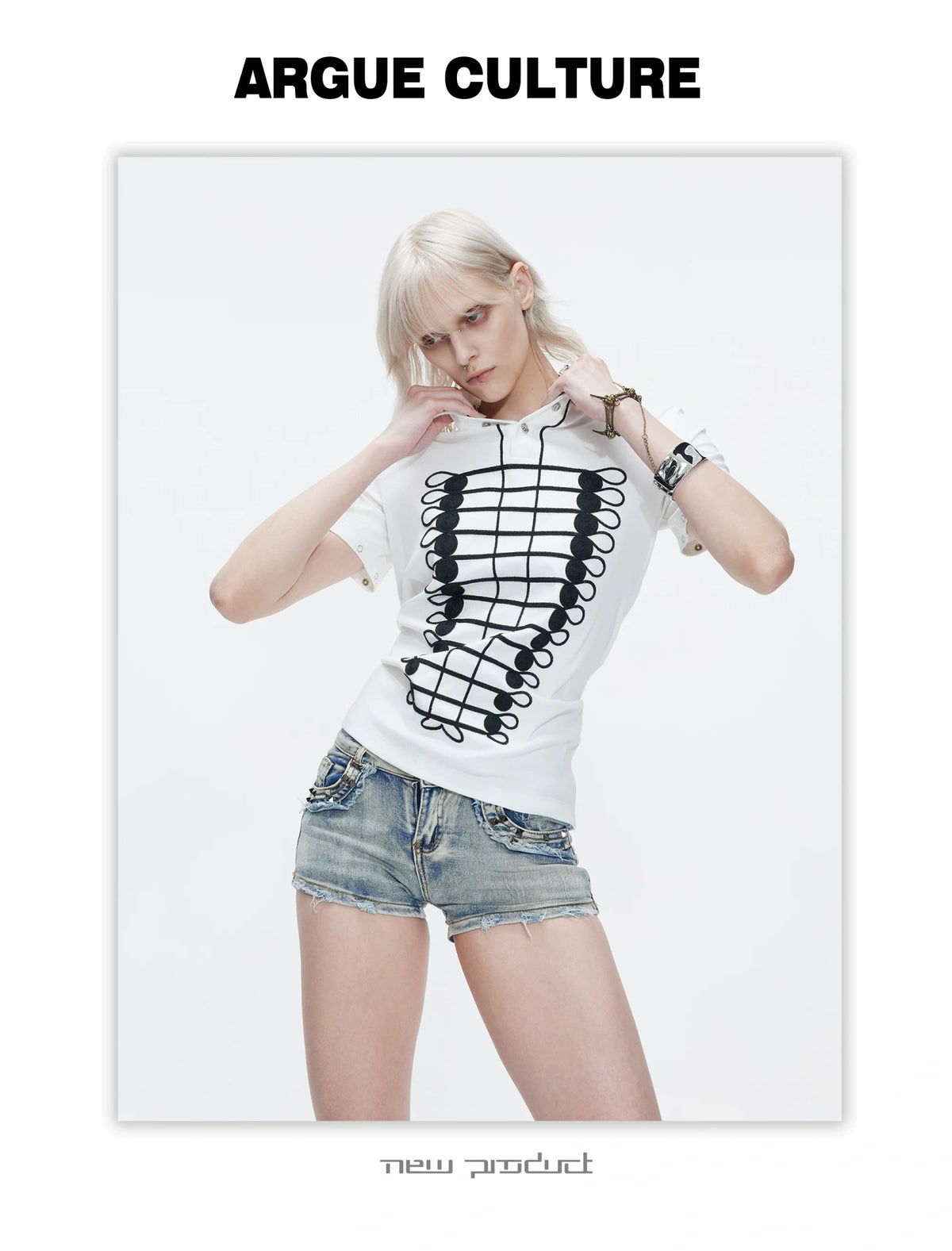 Stand-Collar Embroidered Chain Cotton Polo Tee - detail image 9