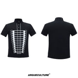 Stand-Collar Embroidered Chain Cotton Polo Tee - Black