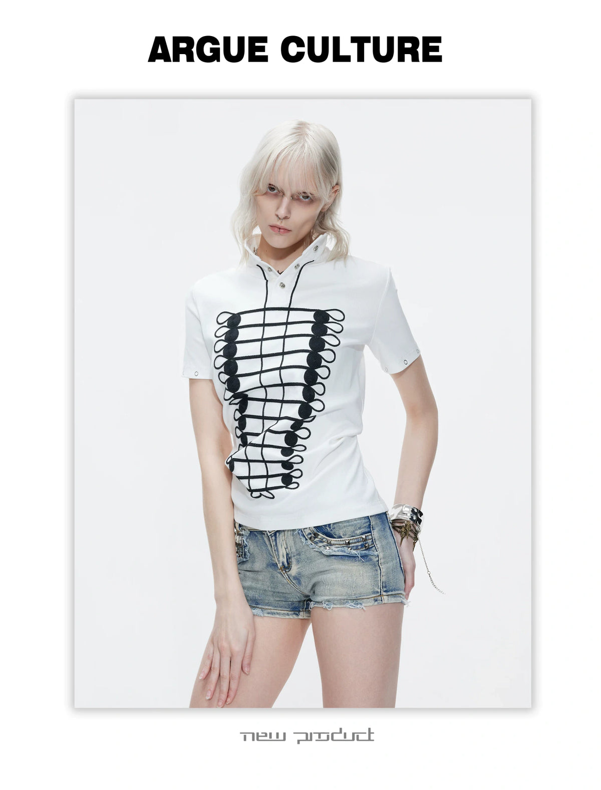 Stand-Collar Embroidered Chain Cotton Polo Tee - detail image 10