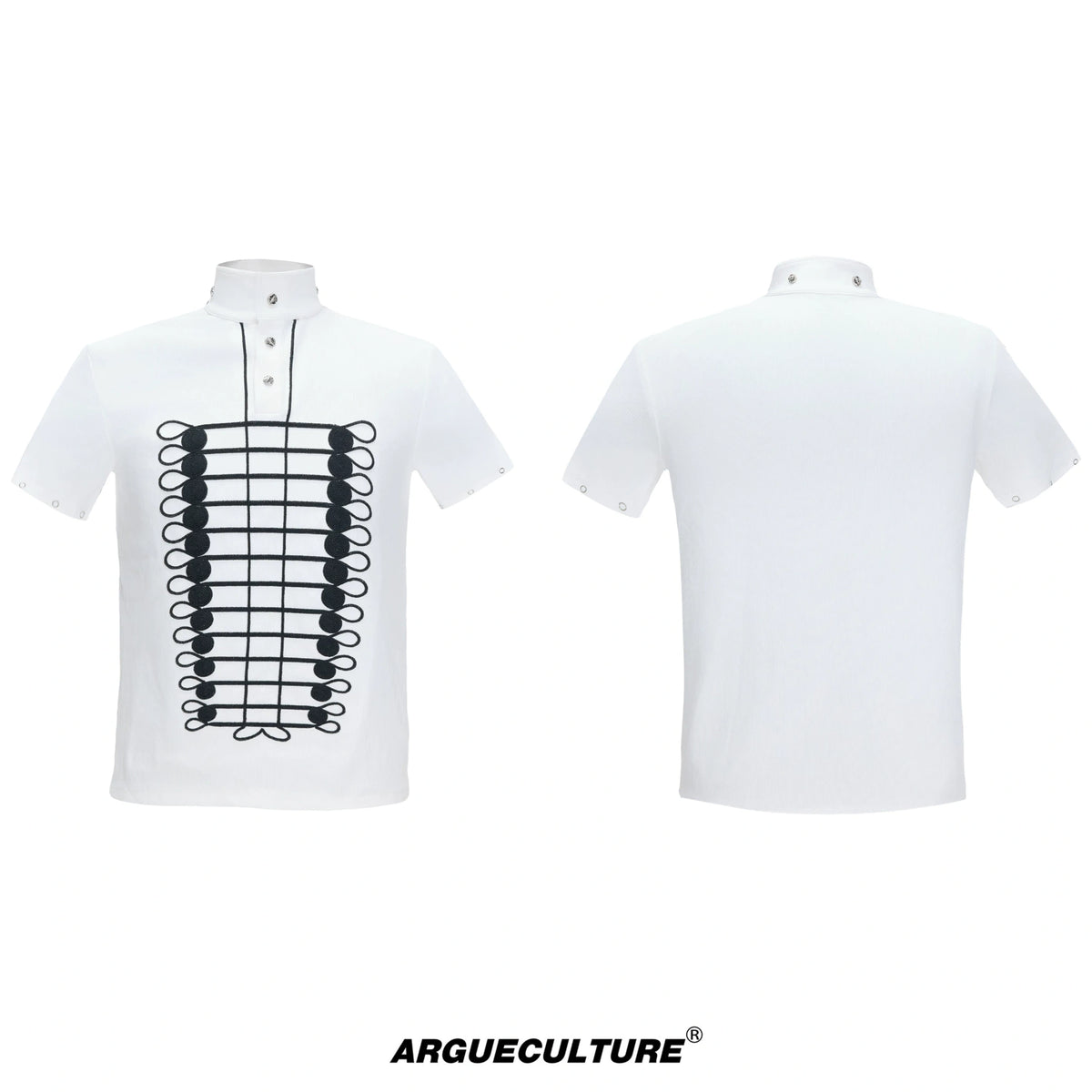 Stand-Collar Embroidered Chain Cotton Polo Tee - White