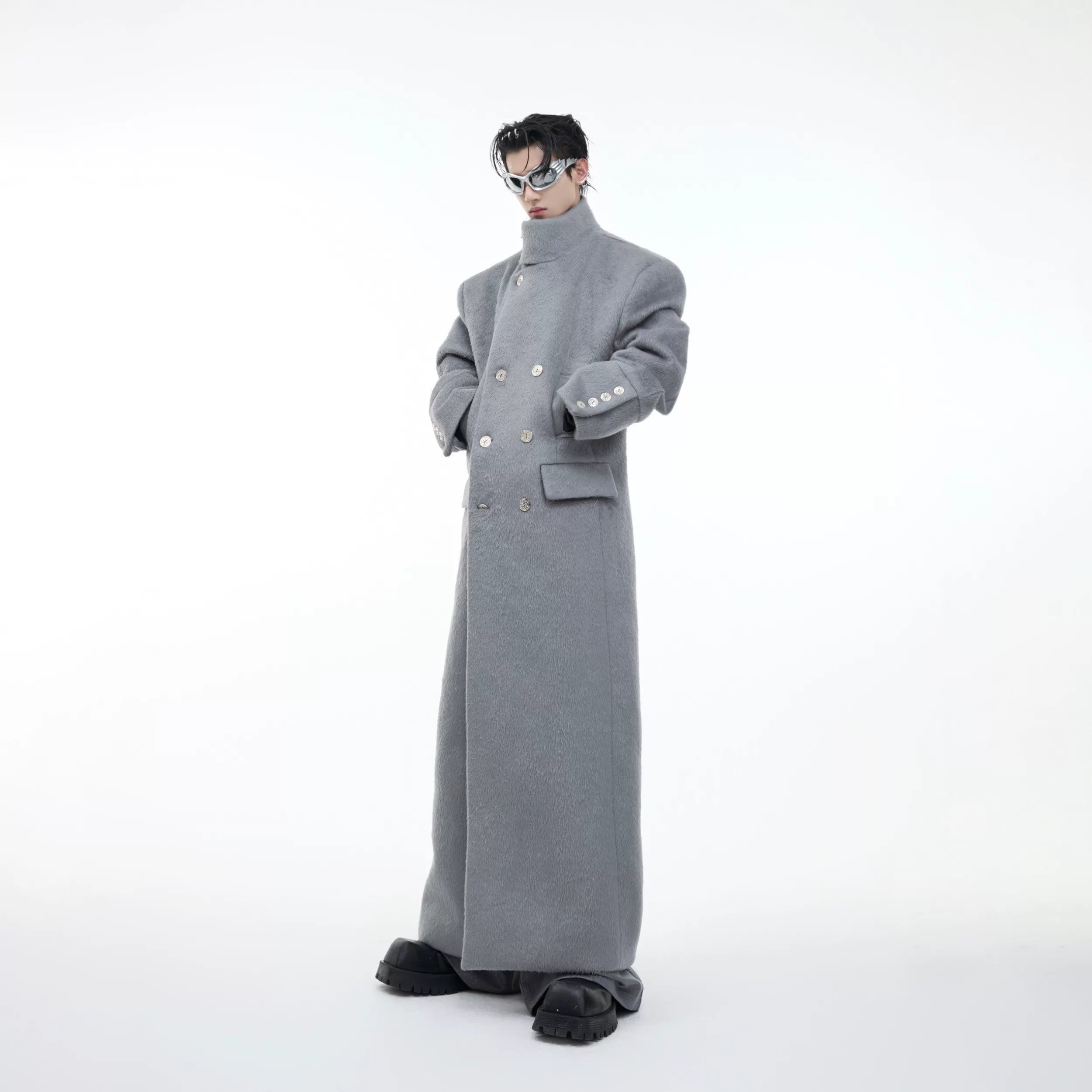 stand-collar-metal-buckle-long-wool-coat-gray