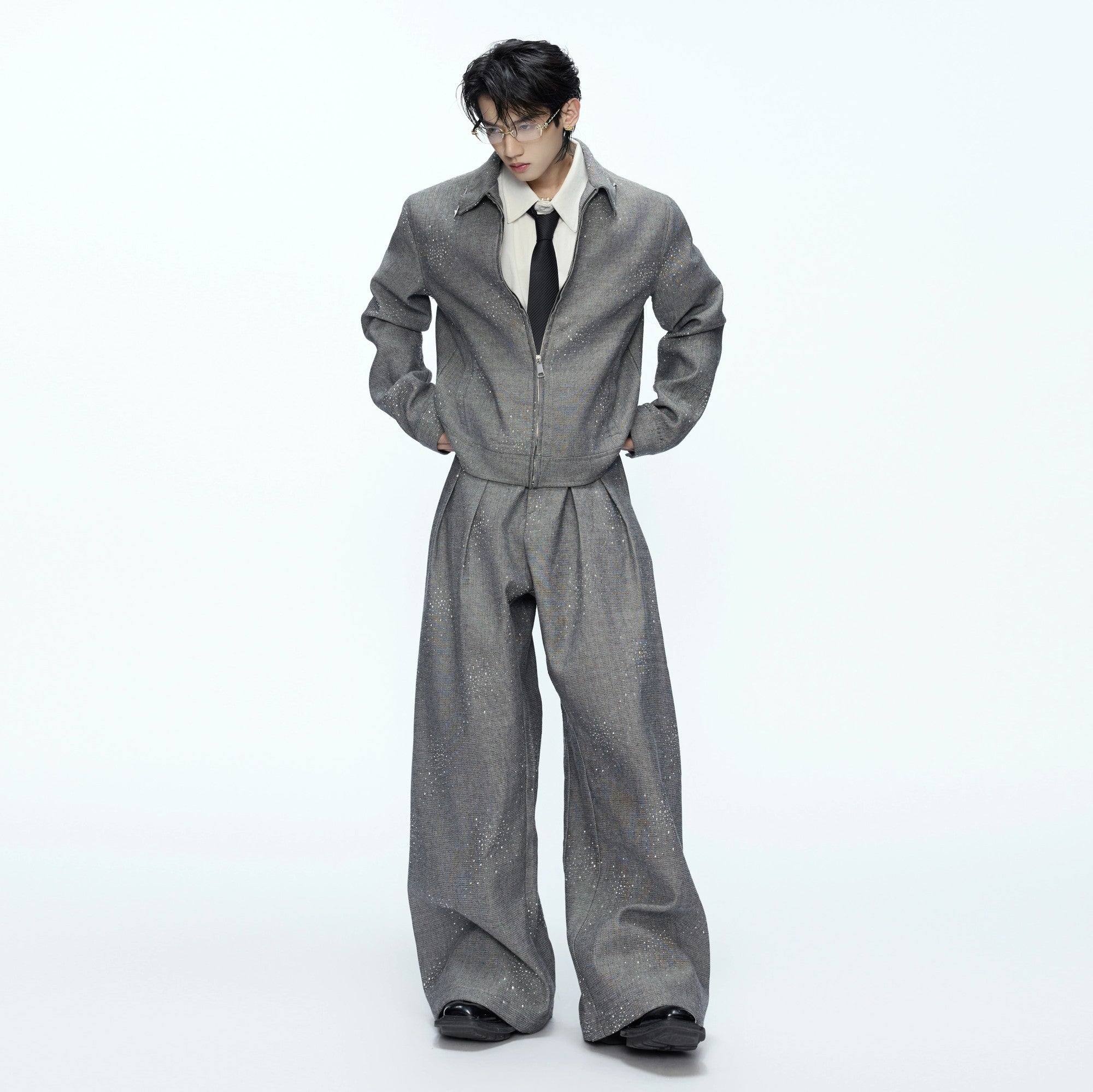 Model wearing a khaki star rhinestone cropped jacket and wide-leg pants set.