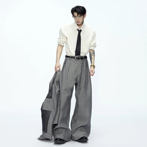 Unisex gray short jacket and baggy pants set with turn-down collar.