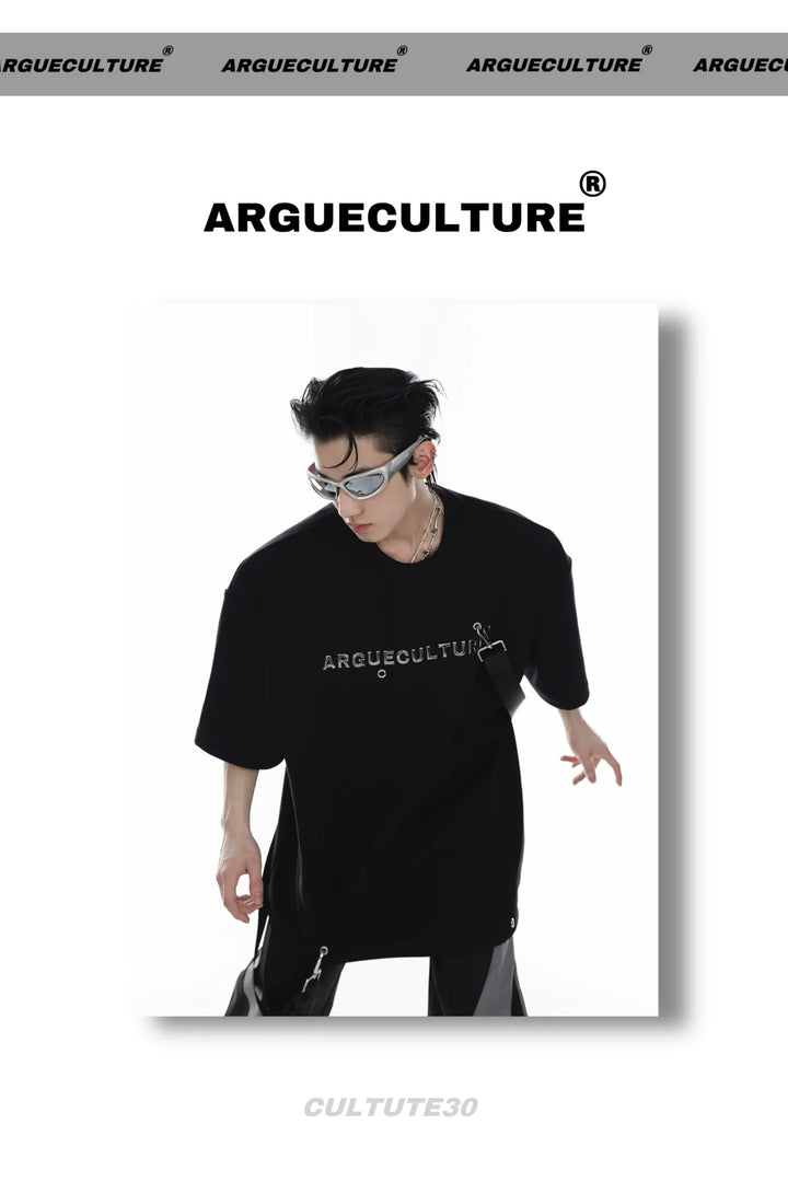 Streetwear Loose Short - Sleeve T - Shirt with Metallic Logo & Tie Detailing - ArguE CulturE