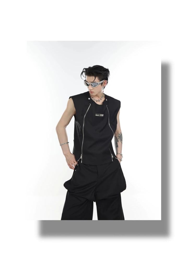 Streetwear Vest / Tank Top Spliced Dual Zipper Detail & Shoulder Cape - ArguE CulturE