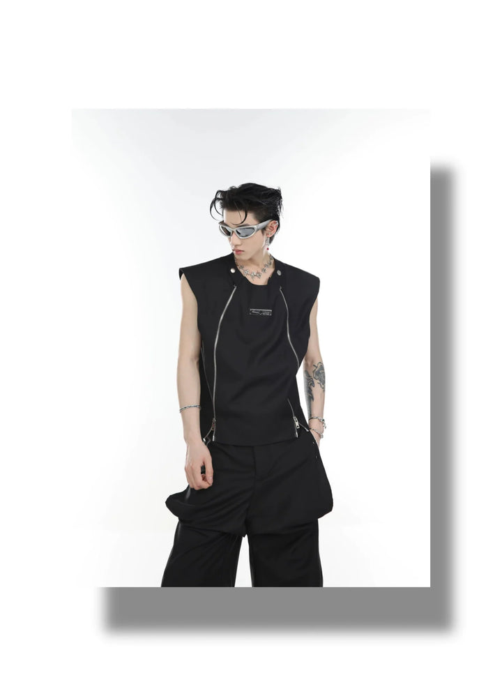 Streetwear Vest / Tank Top Spliced Dual Zipper Detail & Shoulder Cape - ArguE CulturE