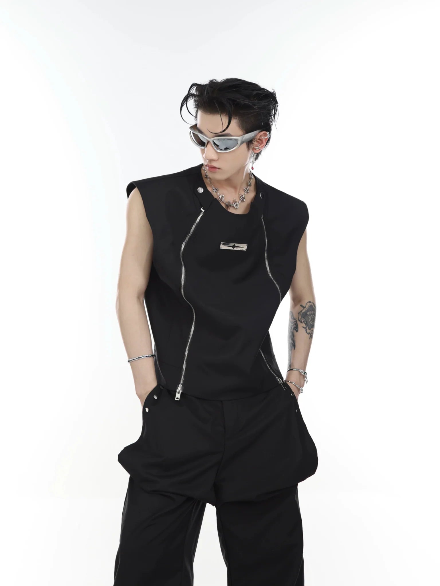 Streetwear Vest / Tank Top Spliced Dual Zipper Detail & Shoulder Cape - ArguE CulturE