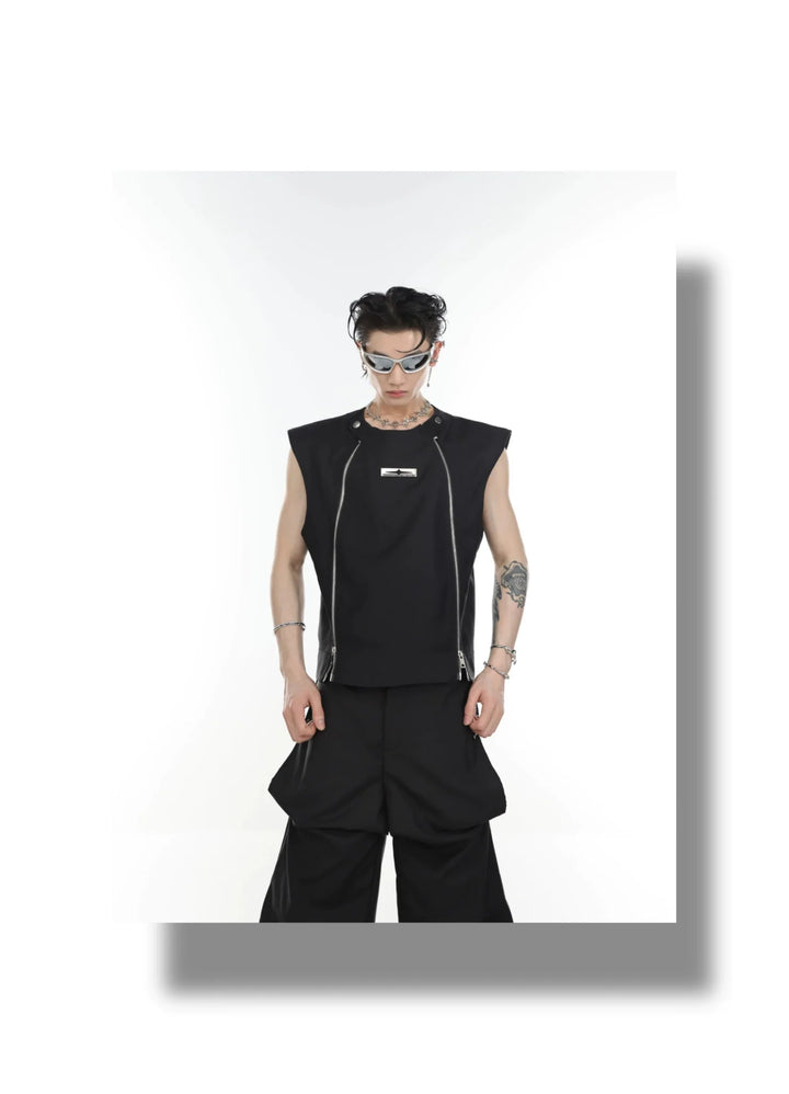 Streetwear Vest / Tank Top Spliced Dual Zipper Detail & Shoulder Cape - ArguE CulturE