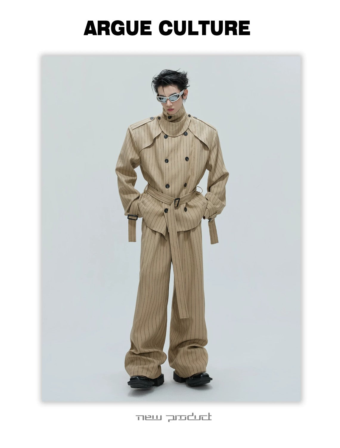 ジャケット・アウター argue MY CUSTOM MODS COAT(VEST SET)KHAKI Oversized Deconstructed Striped Trench Coat & Pants Set – ArguE