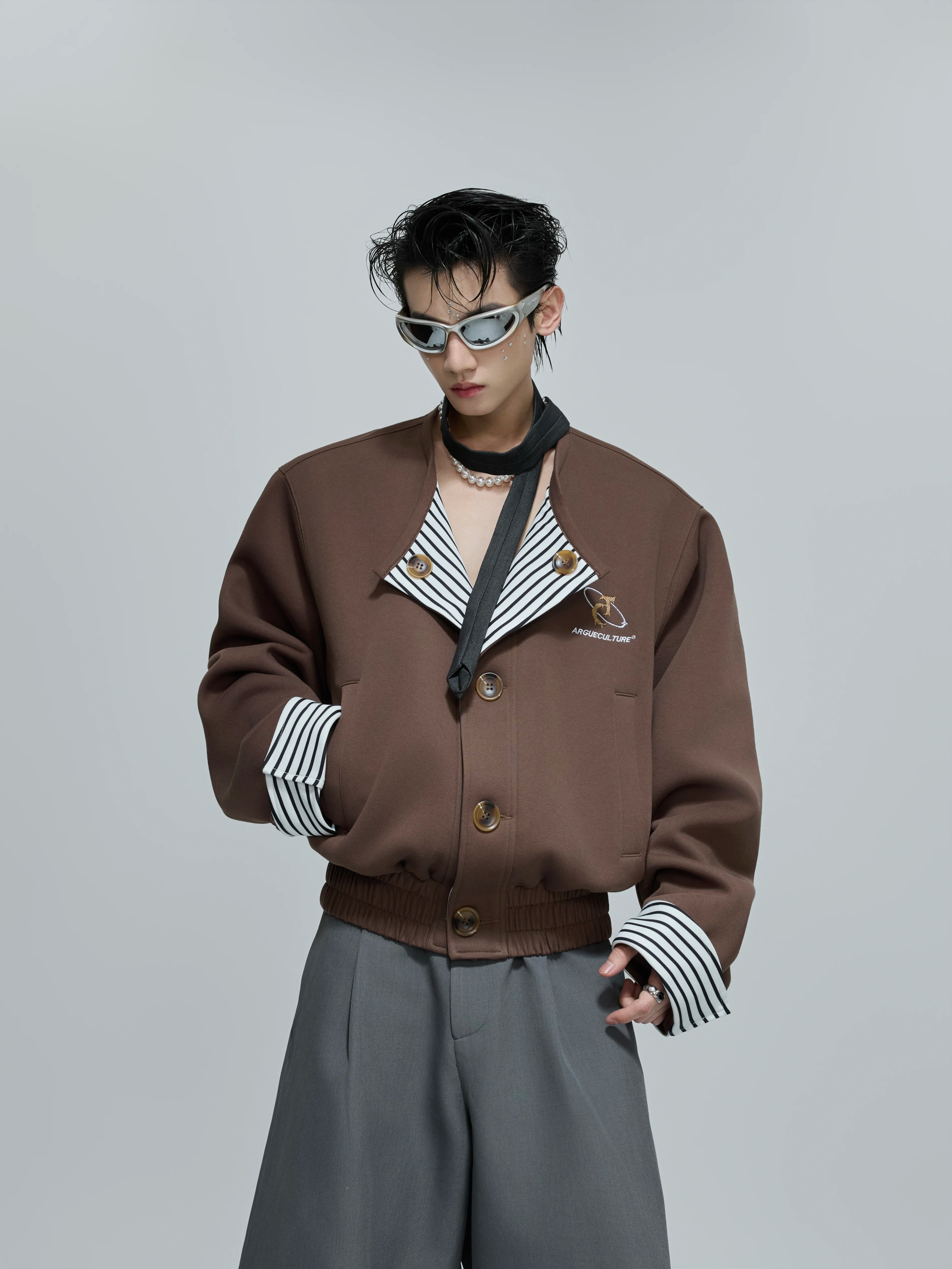striped-faux-two-piece-collarless-varsity-jacket-black