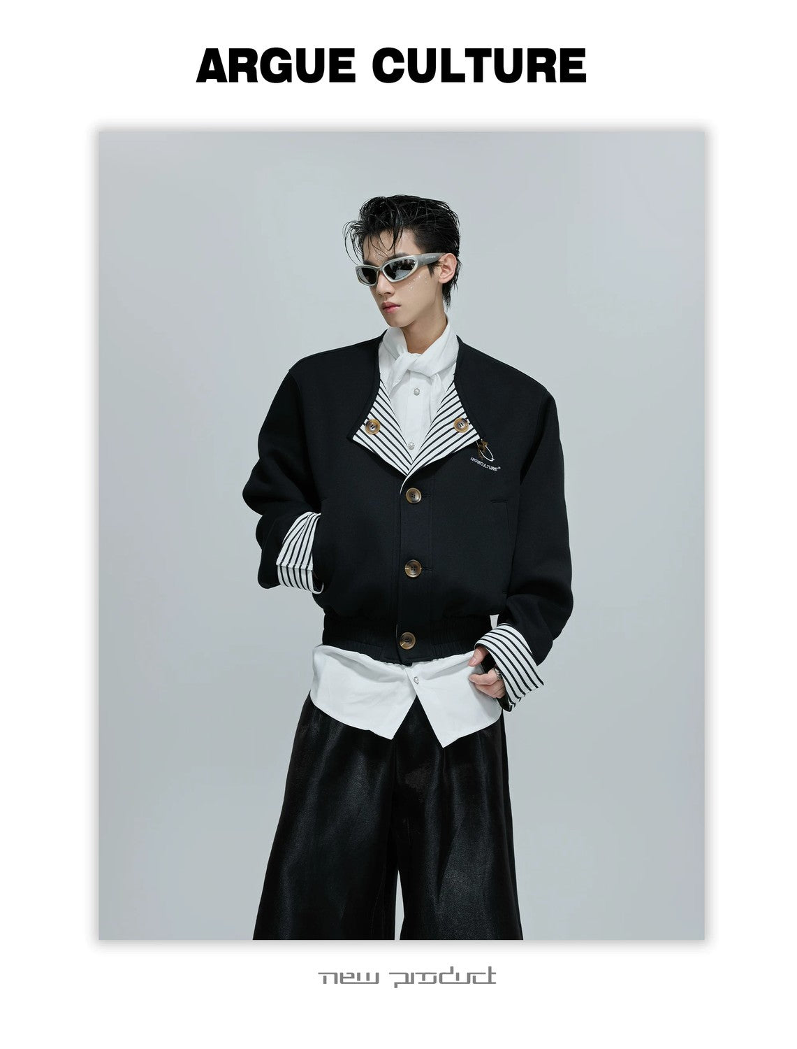 desc::striped-faux-two-piece-collarless-varsity-jacket-detail-img-1
