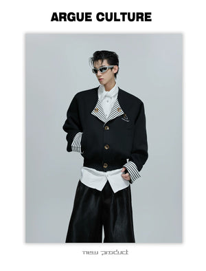 desc::striped-faux-two-piece-collarless-varsity-jacket-detail-img-1