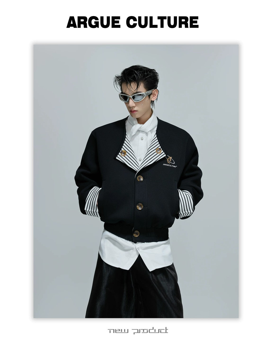 desc::striped-faux-two-piece-collarless-varsity-jacket-detail-img-12