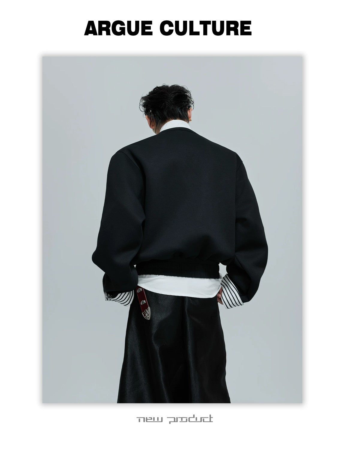 desc::striped-faux-two-piece-collarless-varsity-jacket-detail-img-14