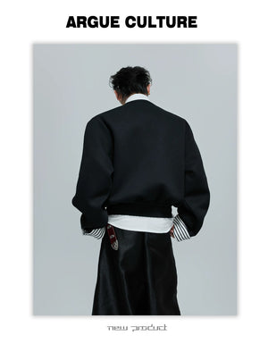 desc::striped-faux-two-piece-collarless-varsity-jacket-detail-img-14