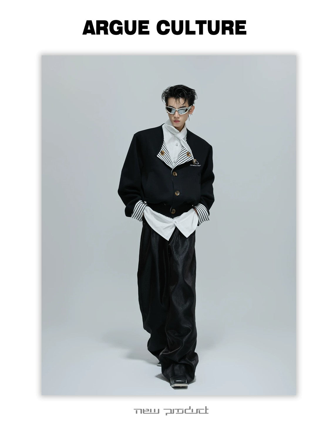 desc::striped-faux-two-piece-collarless-varsity-jacket-detail-img-2