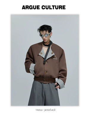 desc::striped-faux-two-piece-collarless-varsity-jacket-detail-img-3