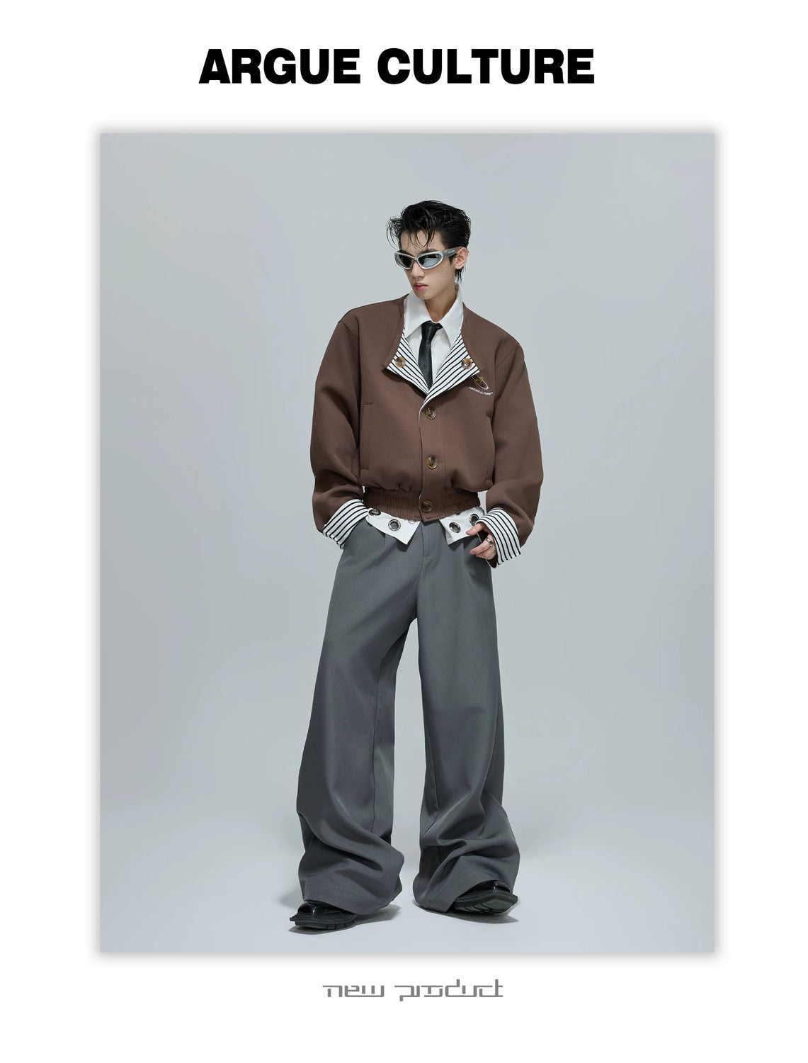 desc::striped-faux-two-piece-collarless-varsity-jacket-detail-img-9