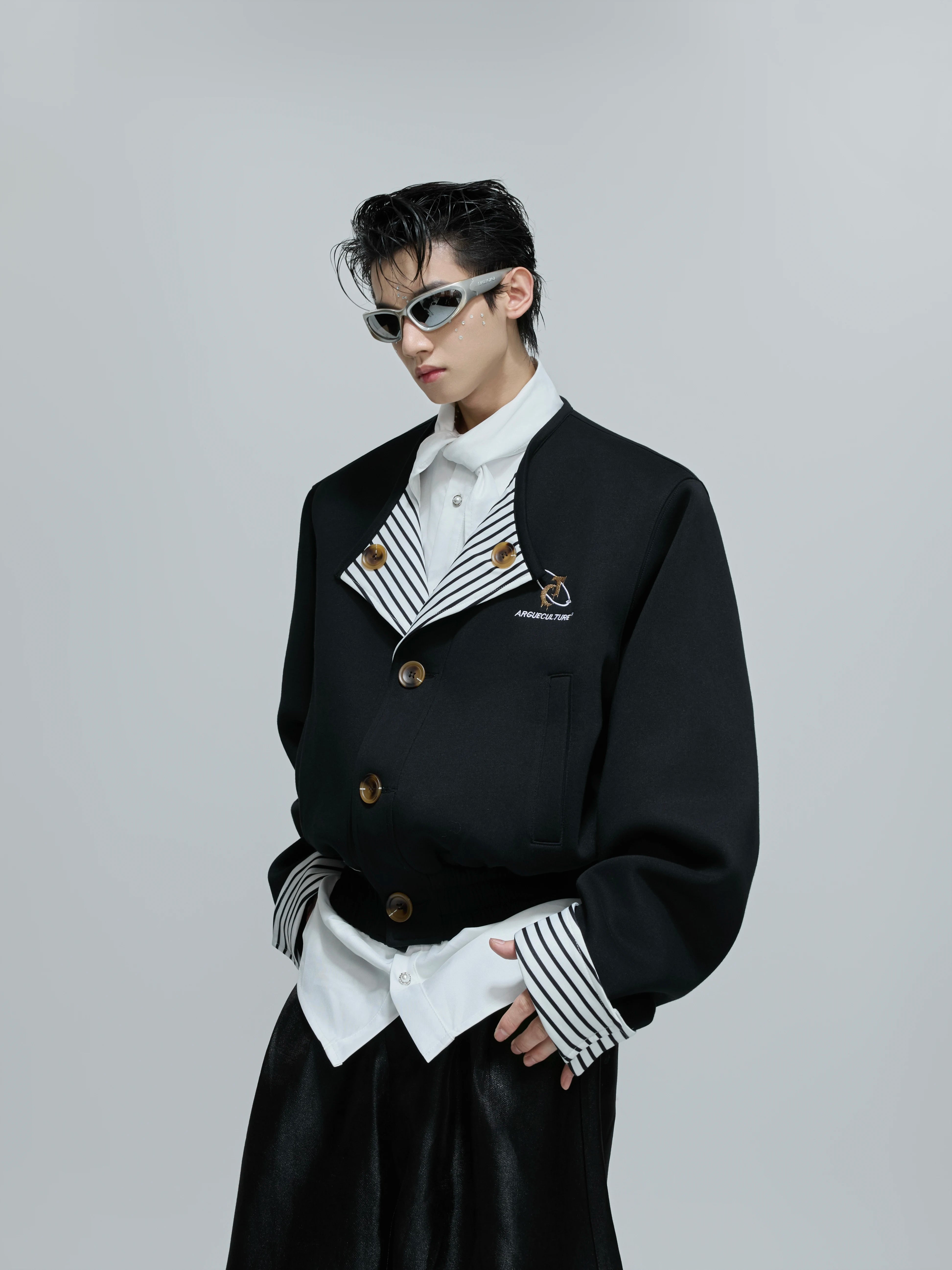 striped-faux-two-piece-collarless-varsity-jacket-khaki