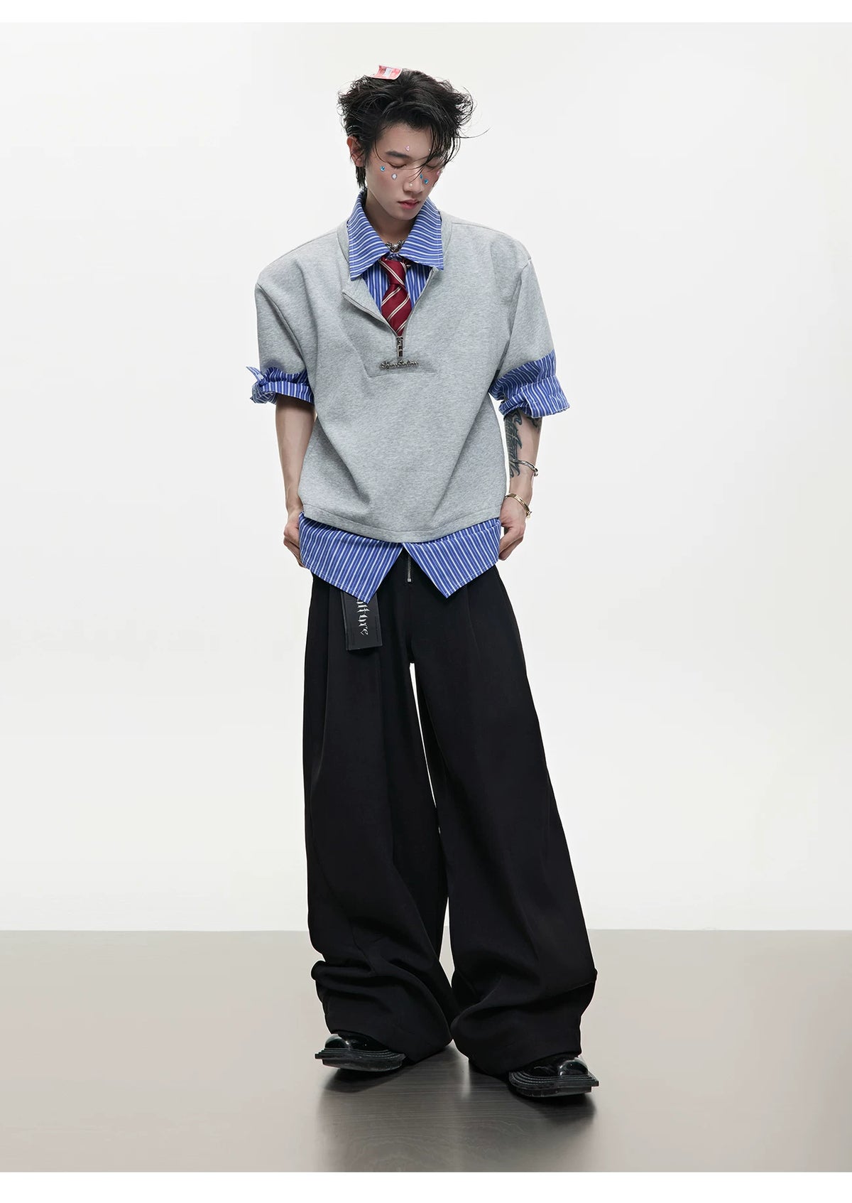 Striped Layered-Look Shirt with Metal Zip Detail Streetwear - detail image 9