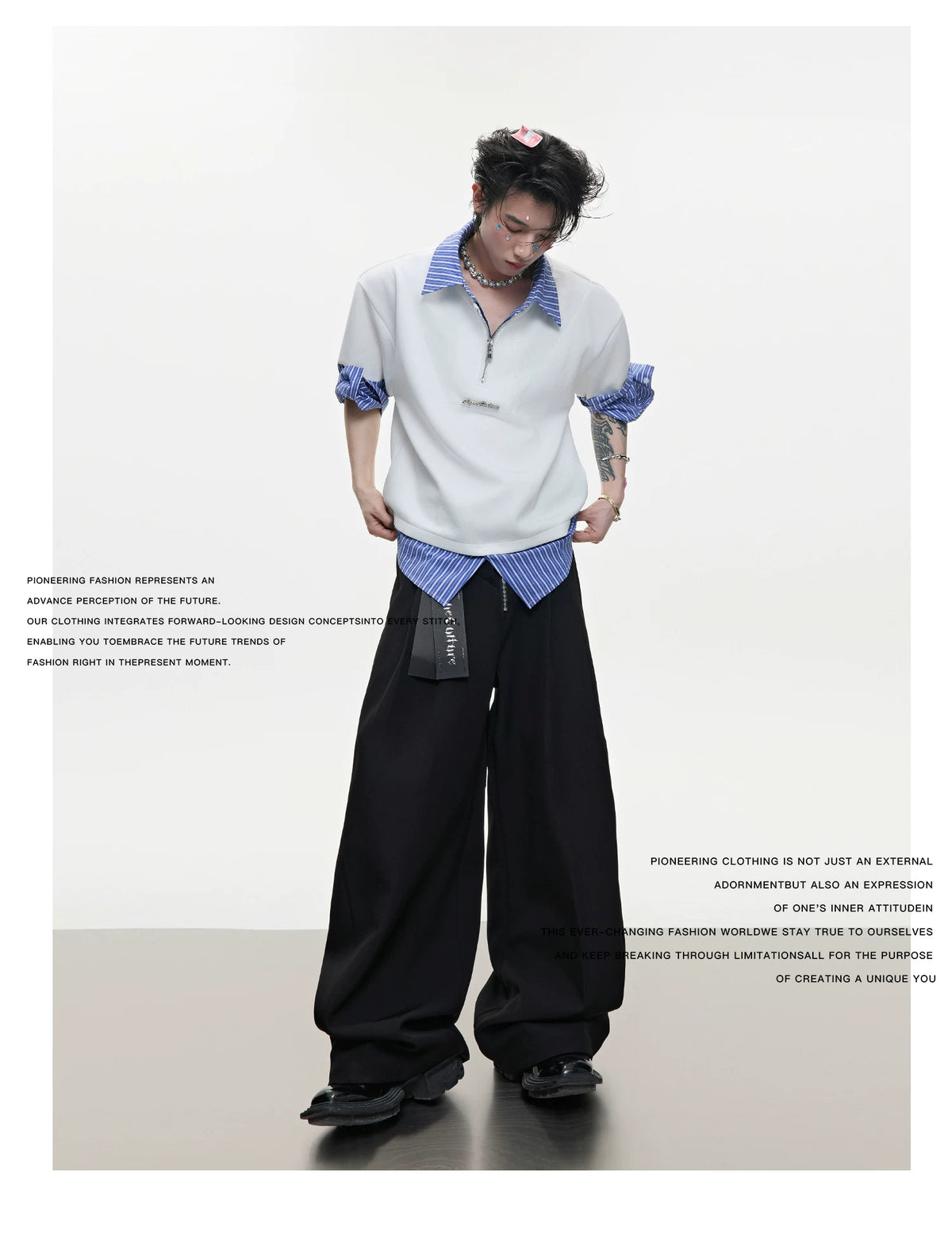 Striped Layered-Look Shirt with Metal Zip Detail Streetwear - detail image 2