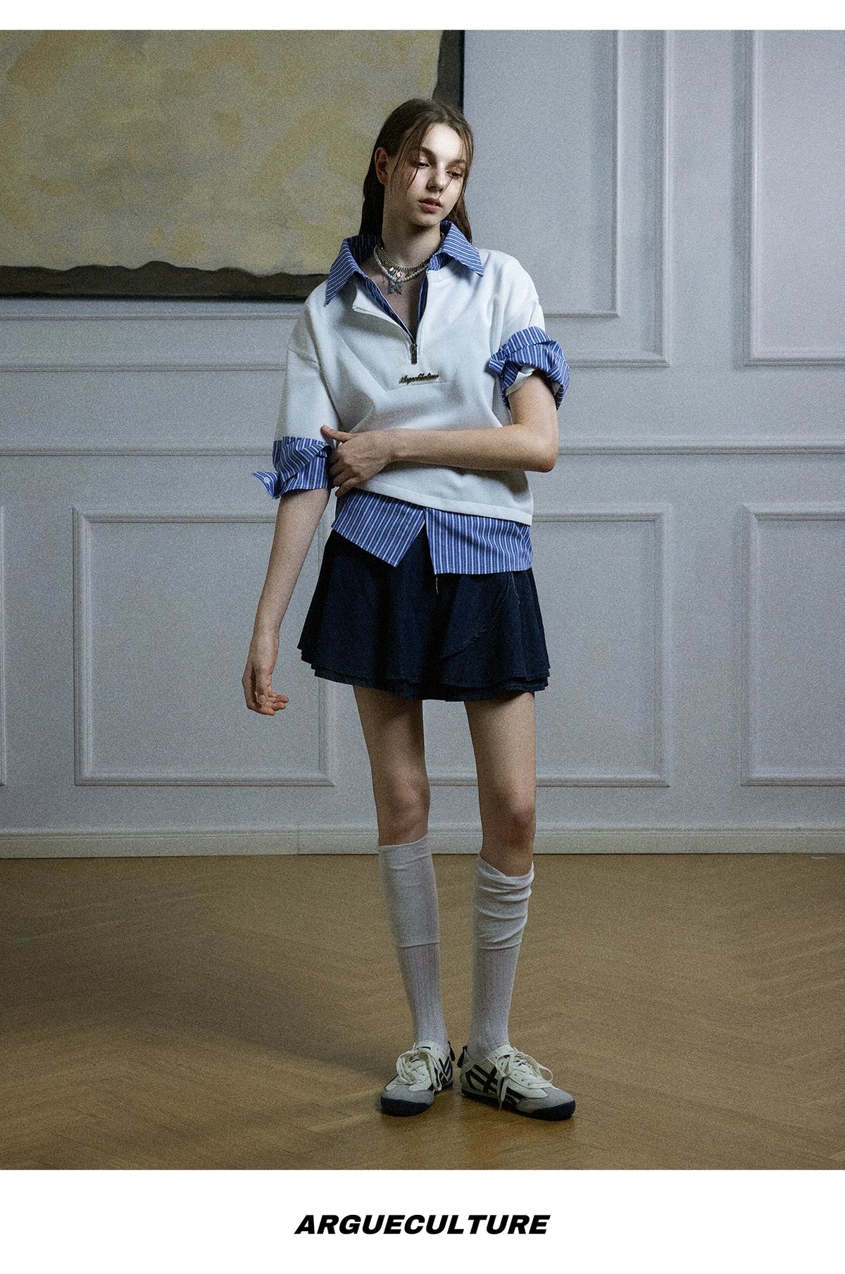 Striped Layered-Look Shirt with Metal Zip Detail Streetwear - detail image 13