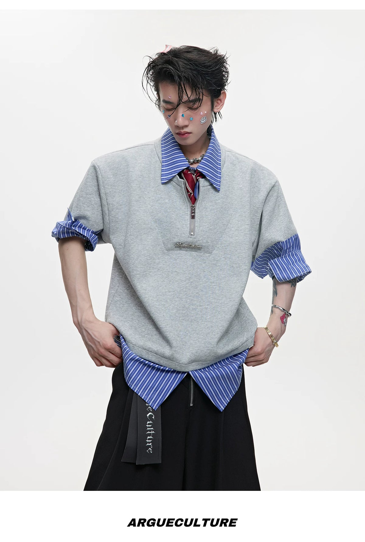Striped Layered-Look Shirt with Metal Zip Detail Streetwear - detail image 8