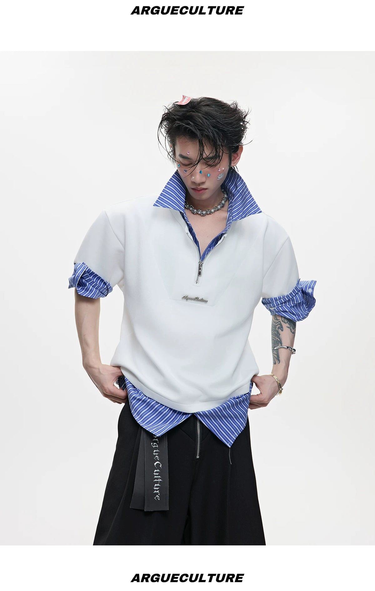 Striped Layered-Look Shirt with Metal Zip Detail Streetwear - detail image 10