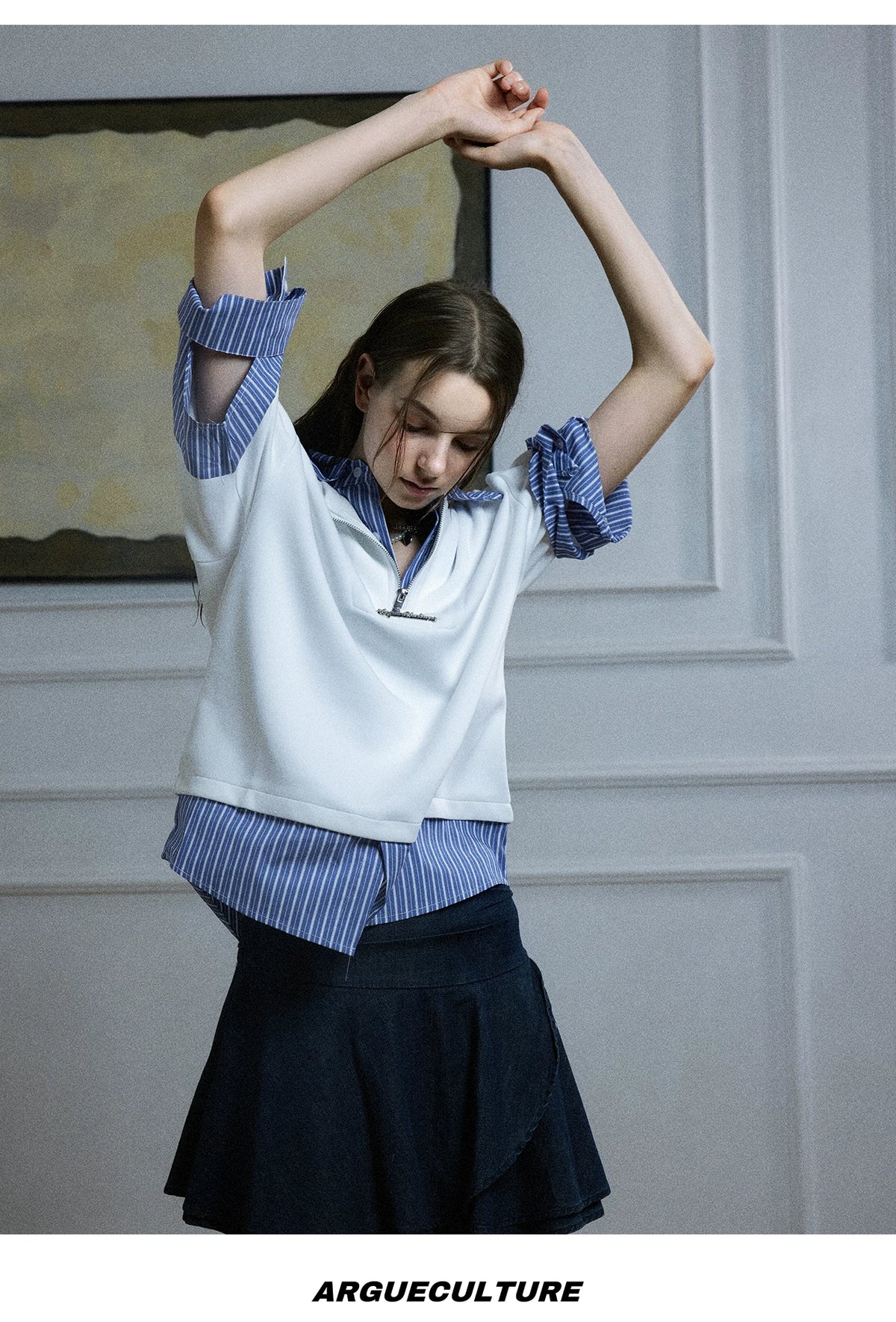 Striped Layered-Look Shirt with Metal Zip Detail Streetwear - detail image 14